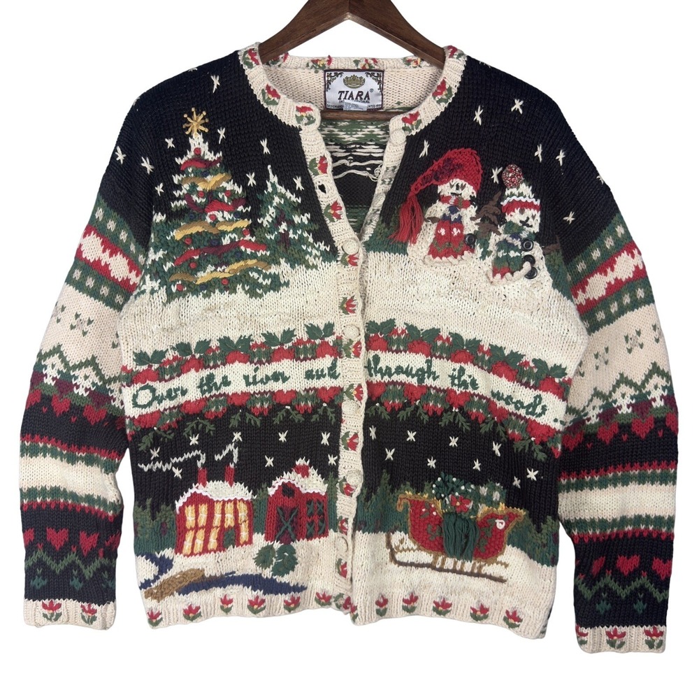 Vintage Tiara International Christmas Cardigan Women XL Cream Fair Isle Knit '03